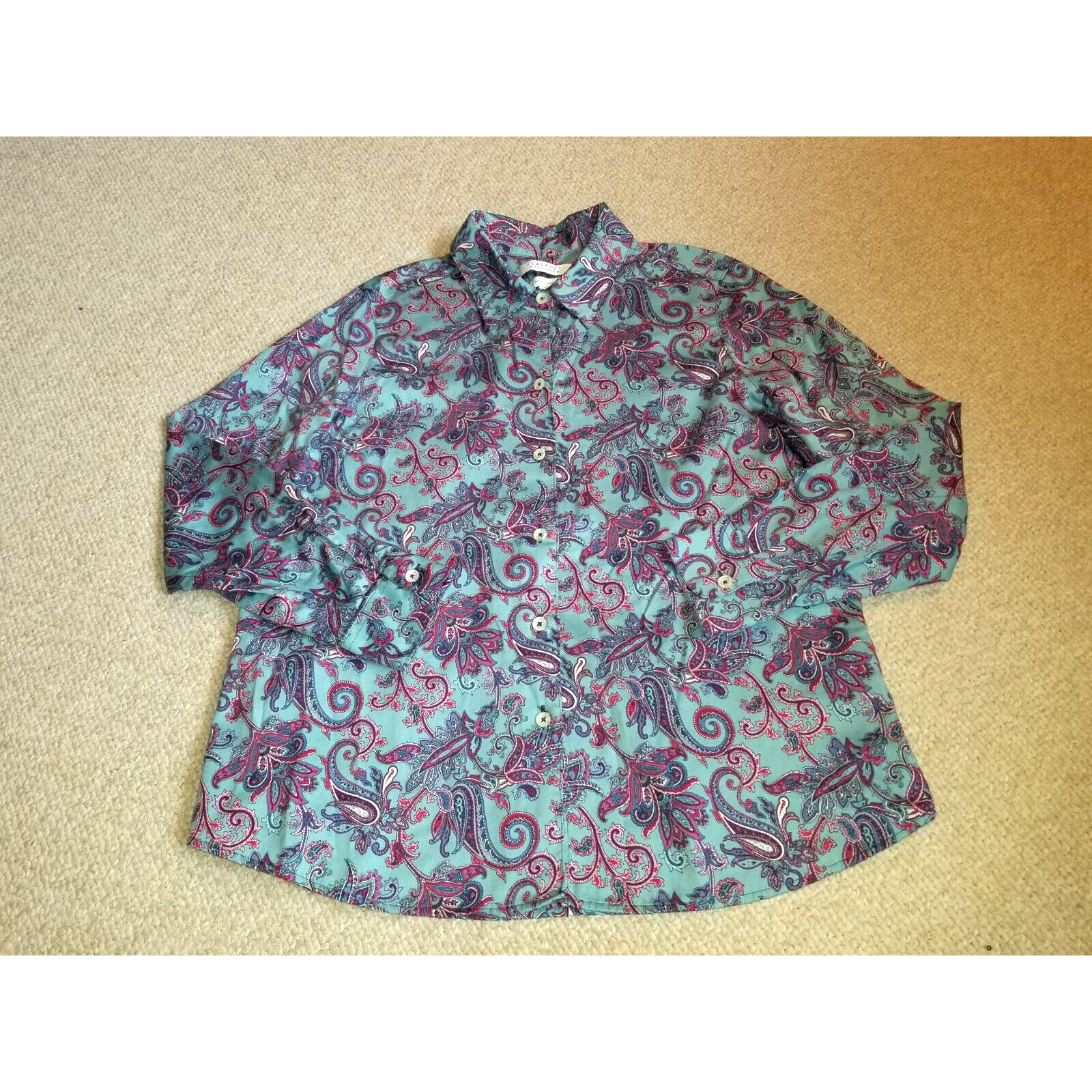 Womens Top-Foxcroft-Appleseeds-Blue Paisley "Wrinkle Free; Shaped" Button-Up-10p